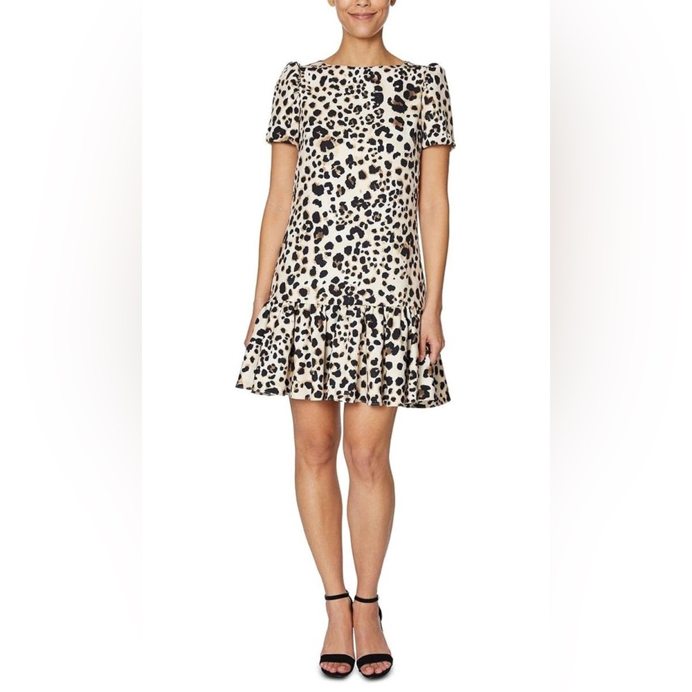 Betsey Johnson Short Sleeve Leopard Print Dress Size 12 Zips Up Back